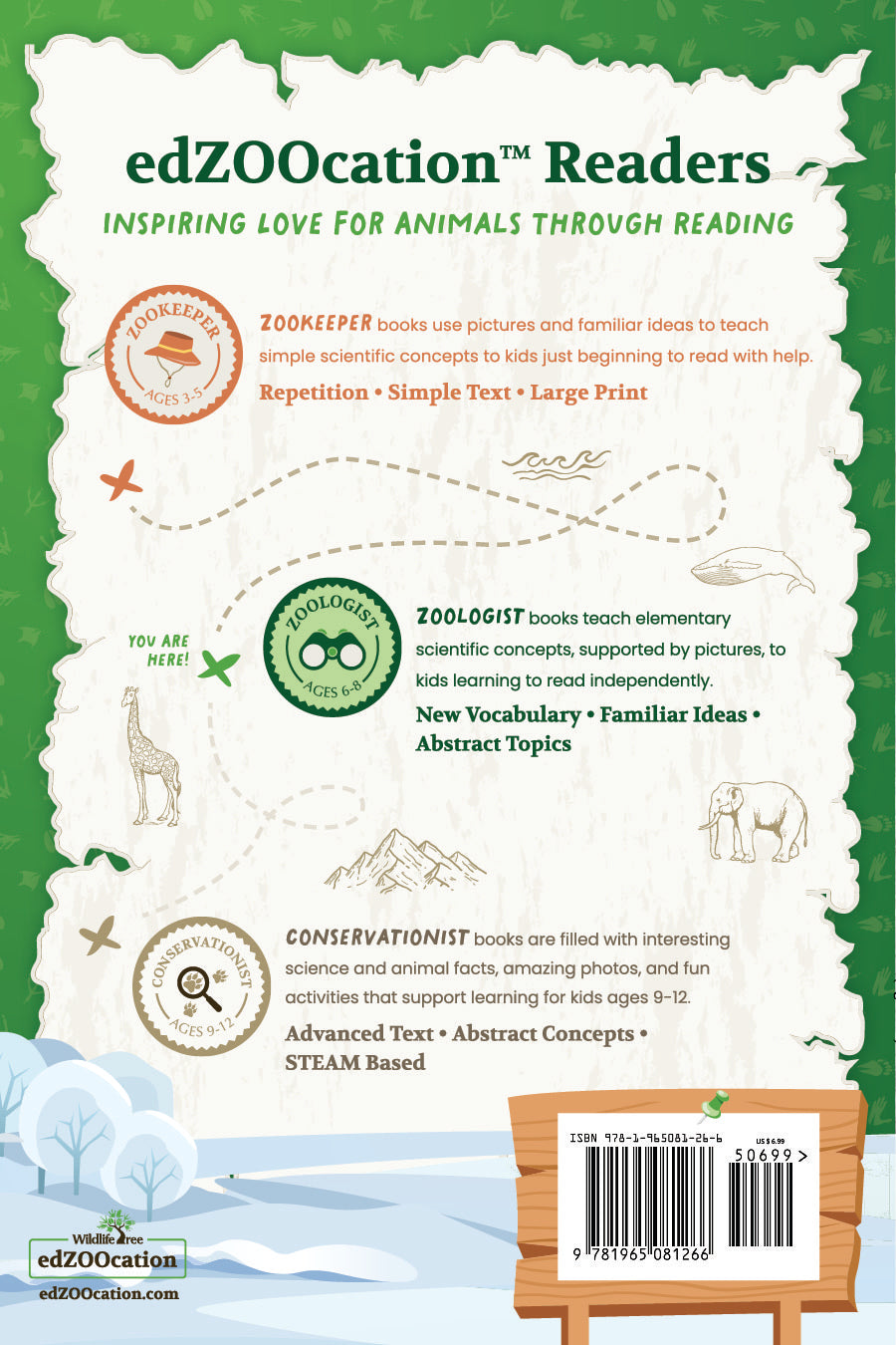 Back cover of an educational book for children with text and graphics about edZOOcation Readers.