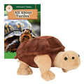 Plush turtle toy with educational book titled 'All About Turtles' on a white background