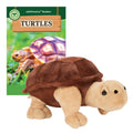Plush turtle toy with educational book titled 'Turtles' on a white background