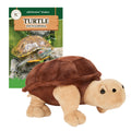 Plush turtle toy with a book titled 'Turtle Encyclopedia' on a white background