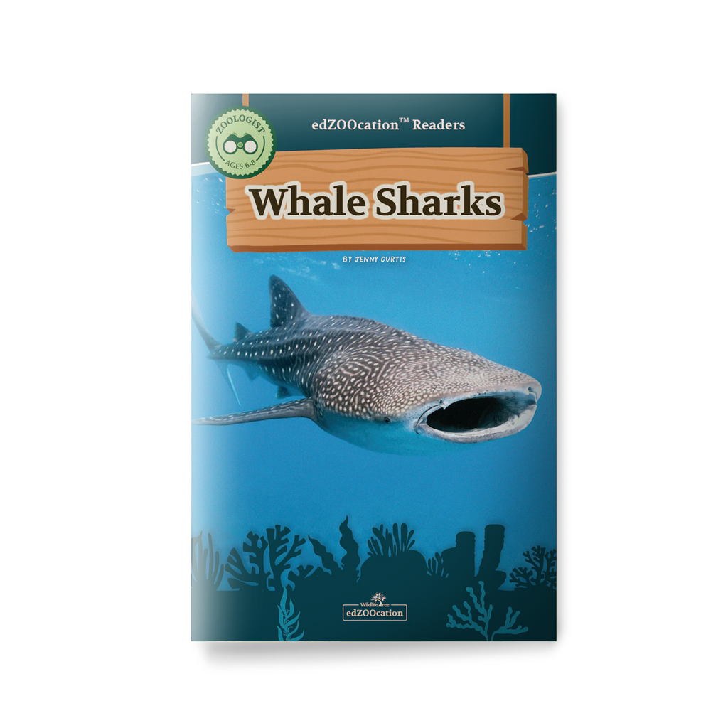 Book cover of 'Whale Sharks' with a whale shark illustration on a blue background