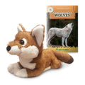 Plush Ethiopian wolf toy with a book titled 'All You Need to Know About Wolves' on a white background