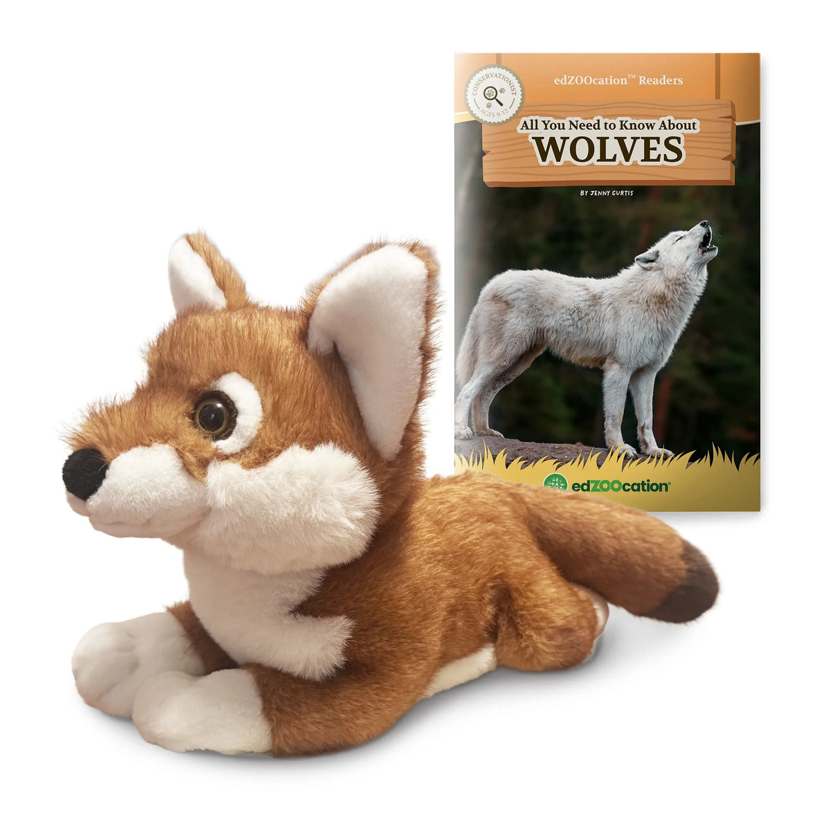 Plush Ethiopian wolf toy with a book titled 'All You Need to Know About Wolves' on a white background