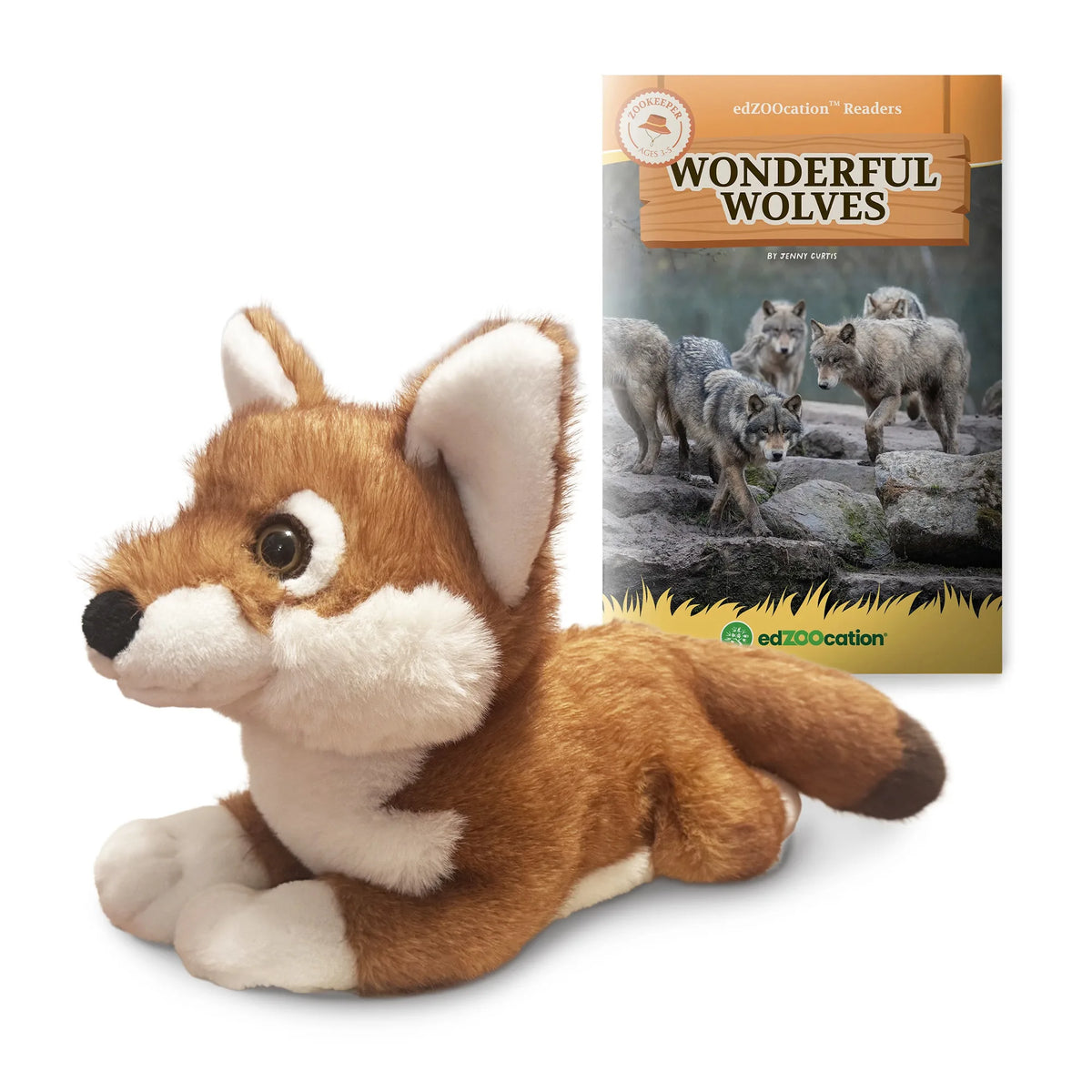 Plush Ethiopian wolf toy with a book titled 'Wonderful Wolves' on a white background