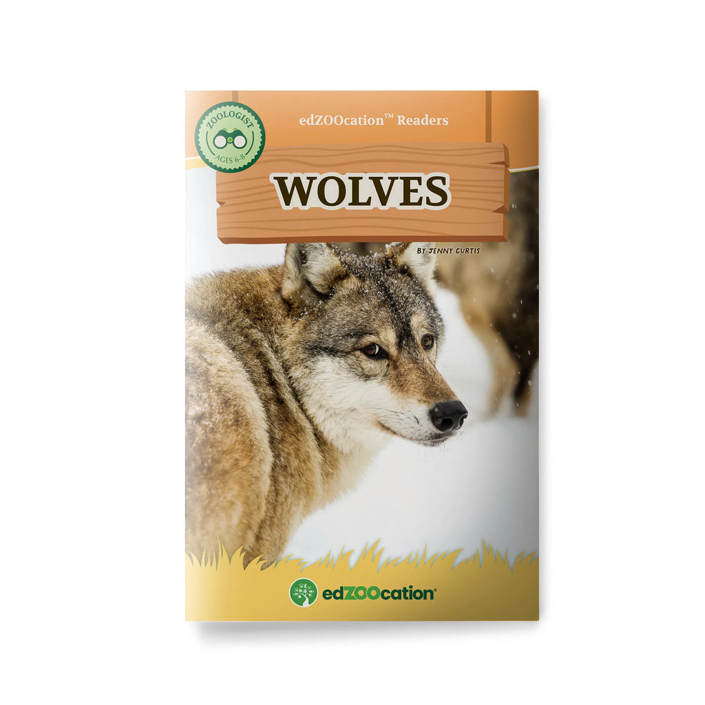 Book cover of 'Wolves' by edZOOcation with a grey wolf in the snow