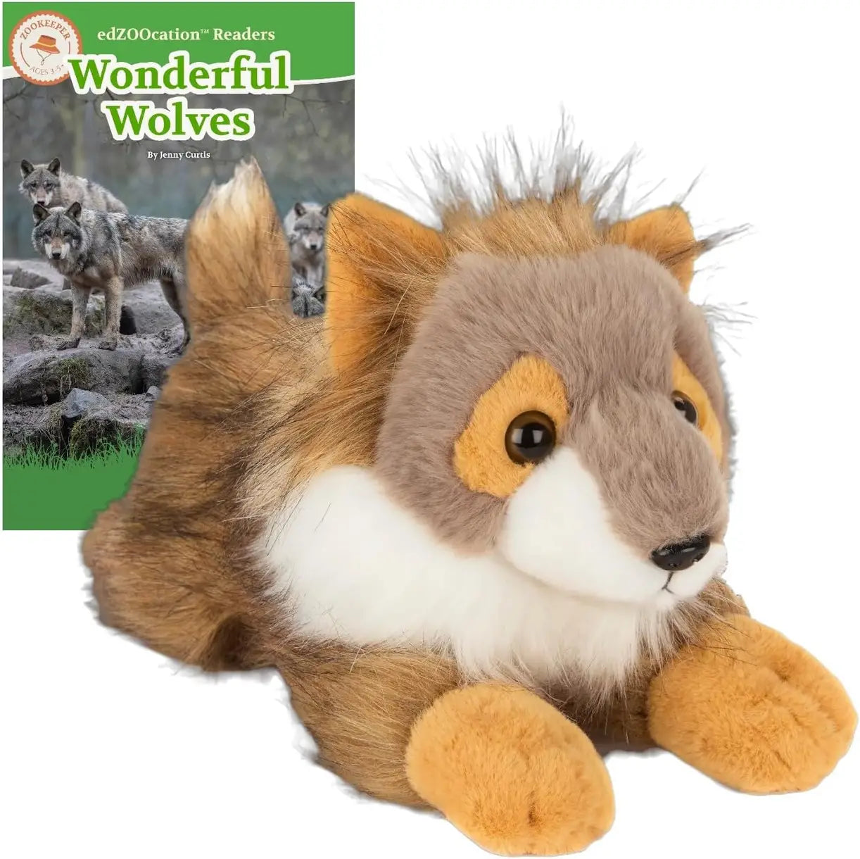 Plush wolf toy in front of an 'edZOOcation Readers' book titled 'Wonderful Wolves'.