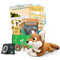 An Ethiopian wolf-themed educational activity box from edZOOcation designed for ages 3–5, featuring a plush Ethiopian wolf toy, the Wonderful Wolves reader, a Zookeeper magazine, an Ethiopian wolf ecosystem poster with sticker sheet, a wolf anatomy kit, crayons, an embroidered patch and a wildlife x-ray memory card game.