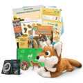 An Ethiopian wolf-themed educational gift set from edZOOcation designed for ages 6–8, featuring a plush Ethiopian wolf toy, the Wolves reader, a Zoologist magazine, an Ethiopian wolf ecosystem poster with sticker sheet, a wolf dissection kit, a bookmark, an embroidered patch and a wildlife x-ray memory card game.