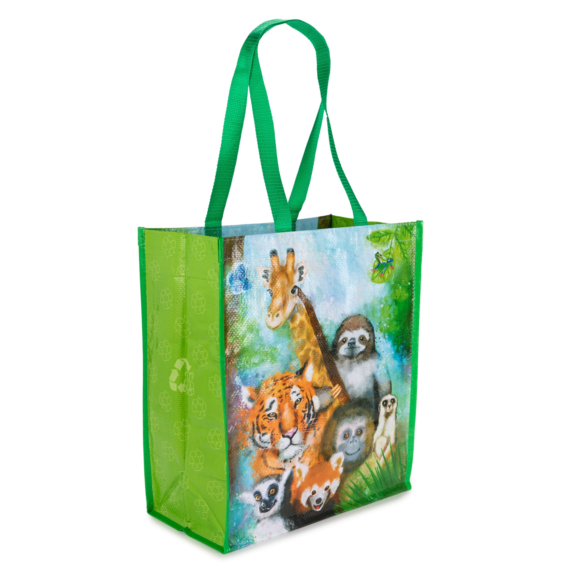 Green tote bag with animal illustrations on a white background