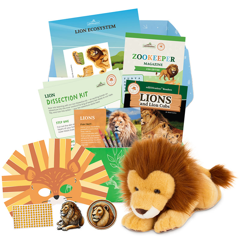 edZOOcation Zookeeper Box for ages 3-5 with lion plush, animal crafts, and wildlife learning activities