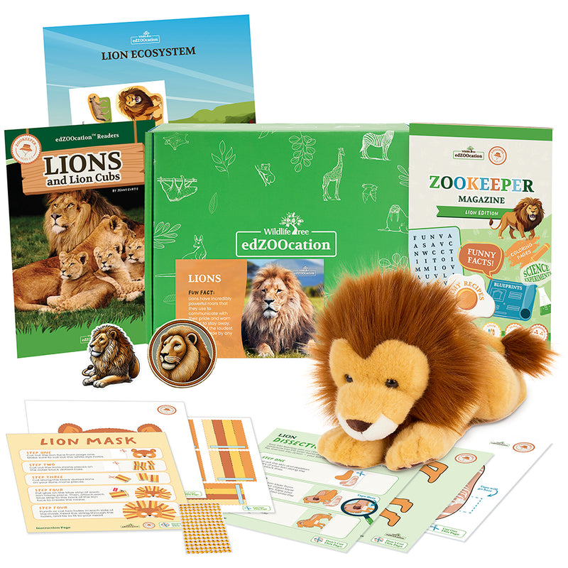 edZOOcation Zookeeper Box for ages 3-5 with lion plush, animal crafts, and wildlife learning activities