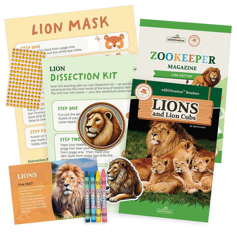 edZOOcation Zookeeper Box for ages 3-5 with lion plush, animal crafts, and wildlife learning activities