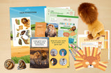 Educational lion-themed materials including books, a lion figurine, and stationery on a beige background.