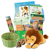 Educational lion-themed kit with books, toys, and materials on a white background