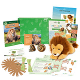 Educational lion-themed kit with books, toys, and activities on a white background