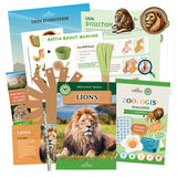 Educational materials about lions including a book, magazine, and activity sheets on a white background.