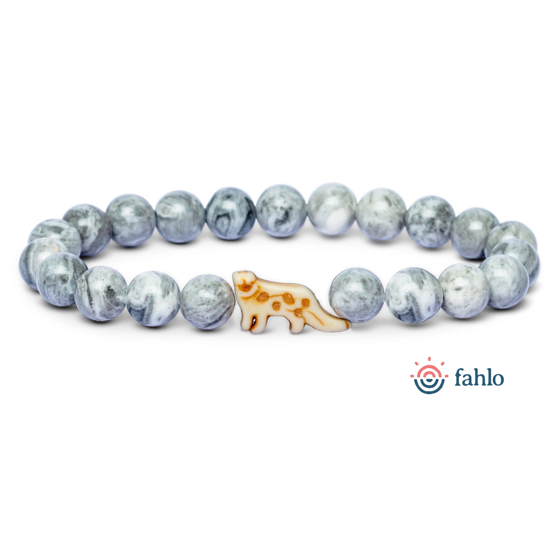 Bracelet with gray beads and a small animal charm on a white background, featuring the brand 'fahlo'.