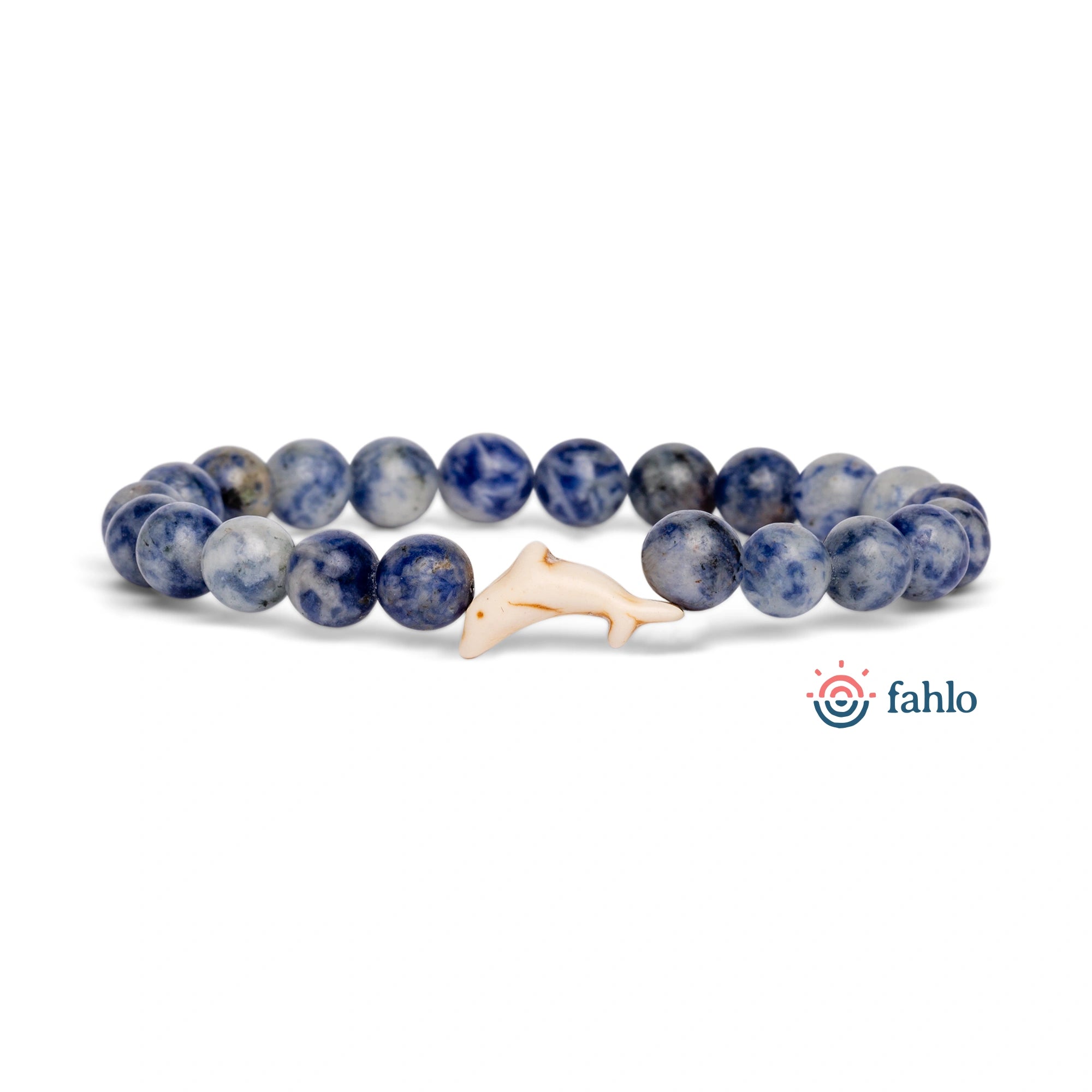 Blue marbled bead bracelet with a dolphin charm on a white background