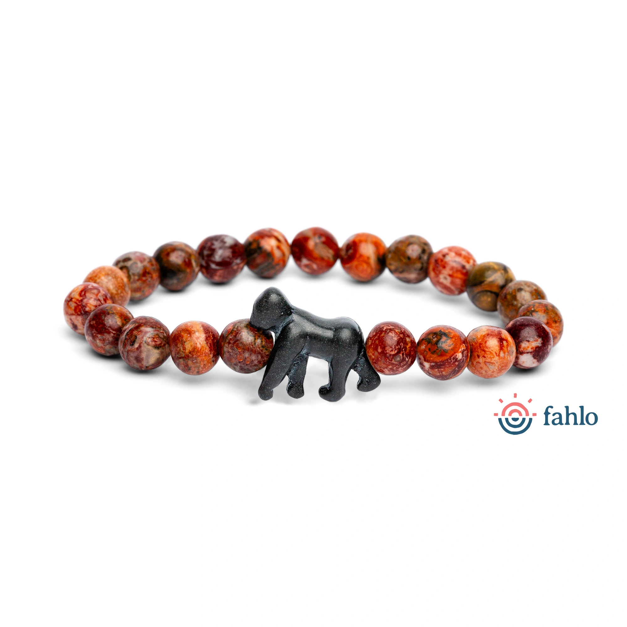 Bracelet with red and brown beads and a black animal figure on a white background, featuring the brand 'fahlo'.
