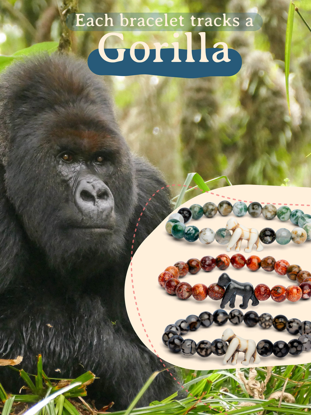 Gorilla next to a display of bracelets with text 'Each bracelet tracks a Gorilla'.