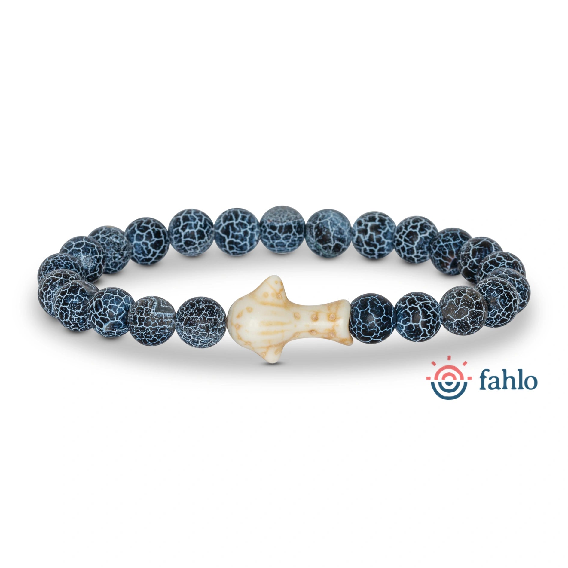 Blue beaded bracelet with a whale shark-shaped charm on a white background, featuring the brand 'fahlo'.