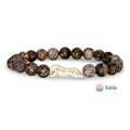 Bracelet with brown beads and a white cheetah-shaped charm on a white background, featuring the 'fahlo' brand.