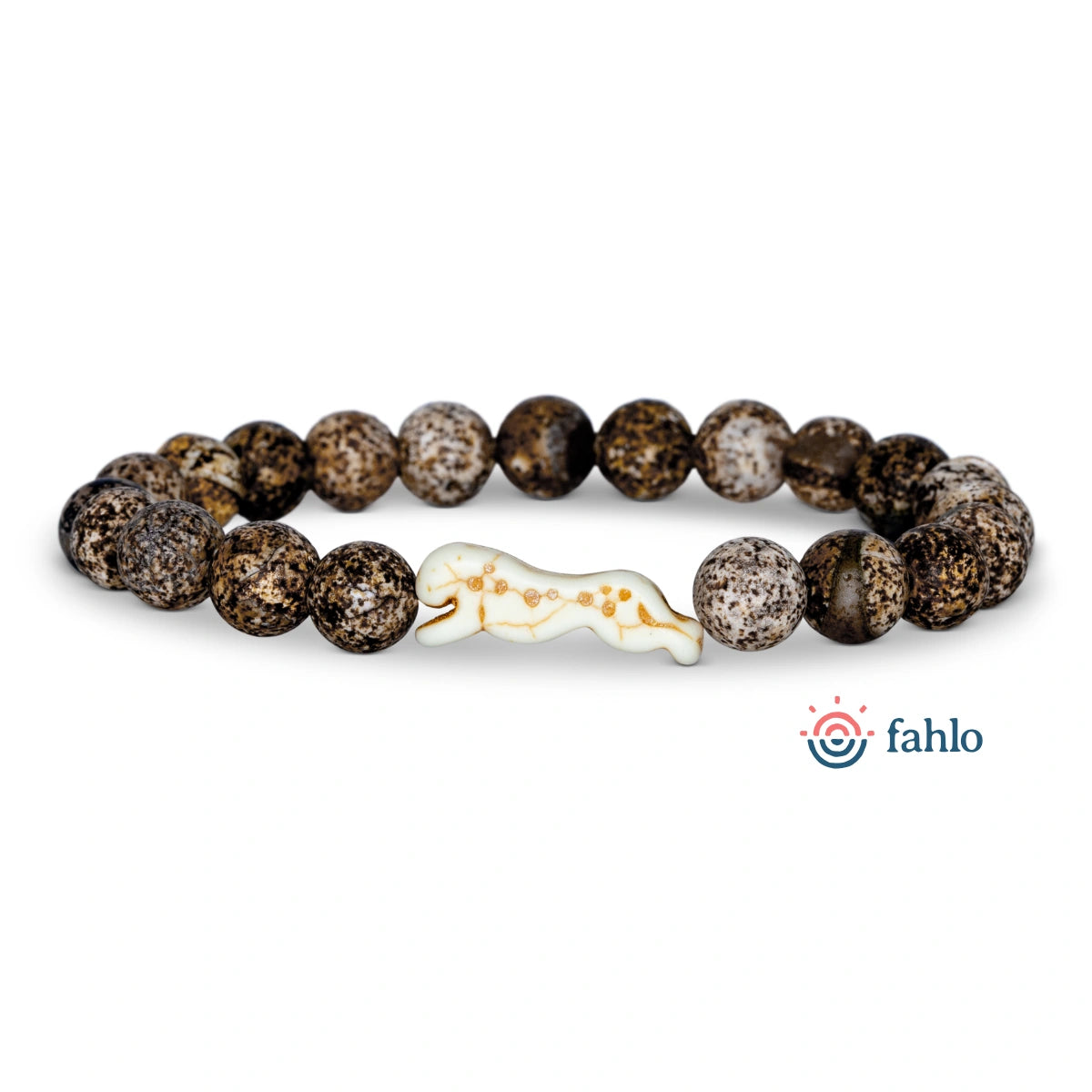 Bracelet with brown beads and a white cheetah-shaped charm on a white background, featuring the 'fahlo' brand.