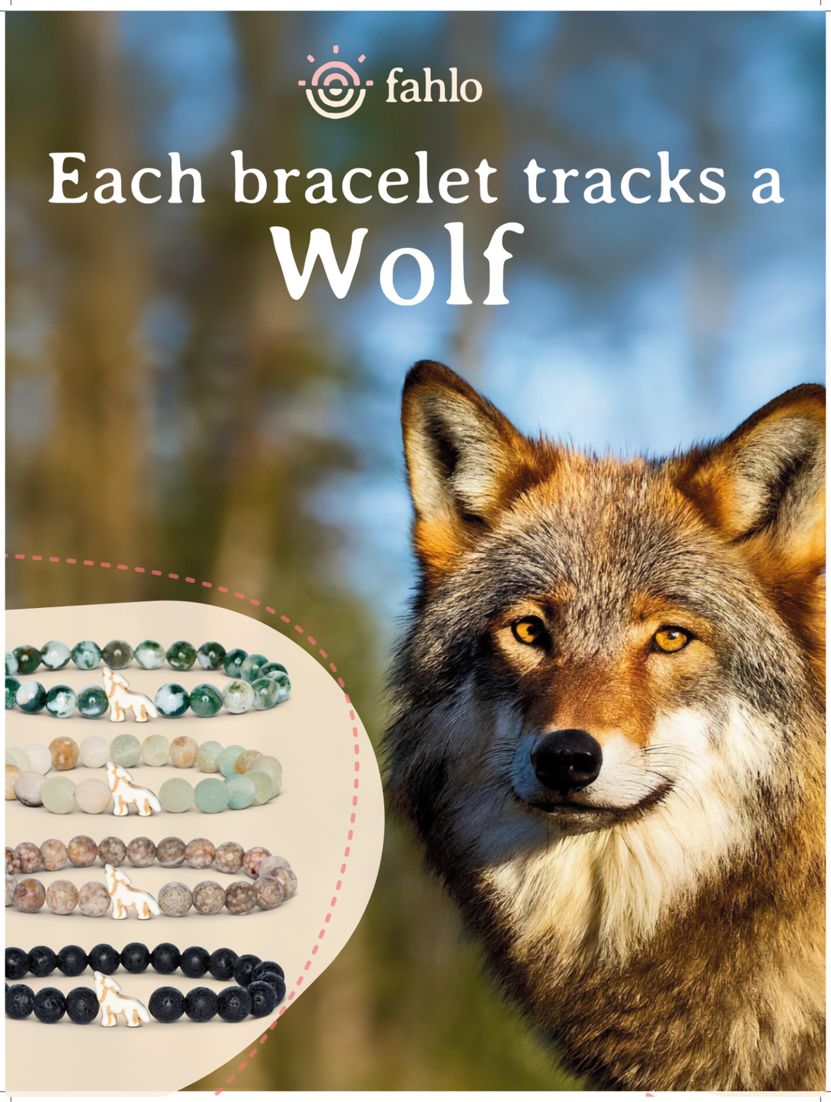 Wolf with bracelet options and 'fahlo' branding on a natural background