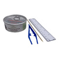Dissection kit including a can of freshwater oyster, a protractor, a ruler, and other tools for measuring and manipulating the contents.