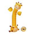 A stacking game featuring a yellow giraffe with a happy expression, and a spinning wheel for gameplay.