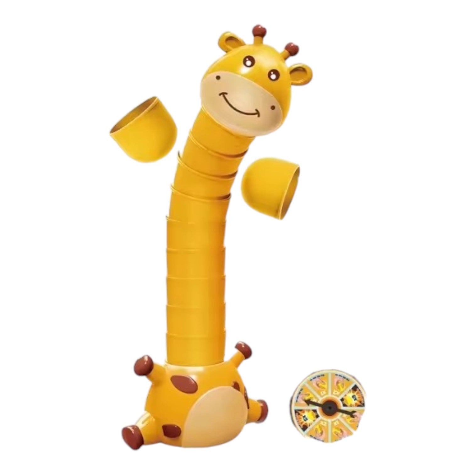 A stacking game featuring a yellow giraffe with a happy expression, and a spinning wheel for gameplay.