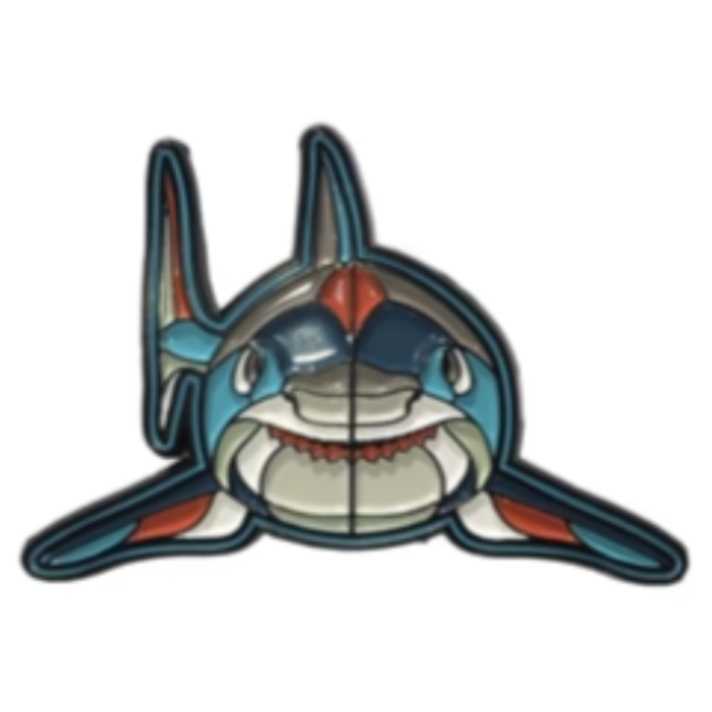 Cartoon shark character with a blue and red design on a white background