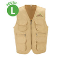 Beige vest with multiple pockets and a logo on a white background