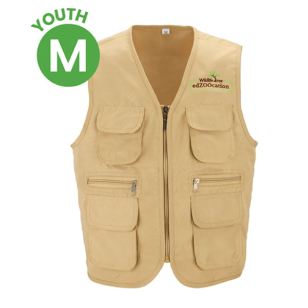 Beige vest with multiple pockets and a logo on a white background