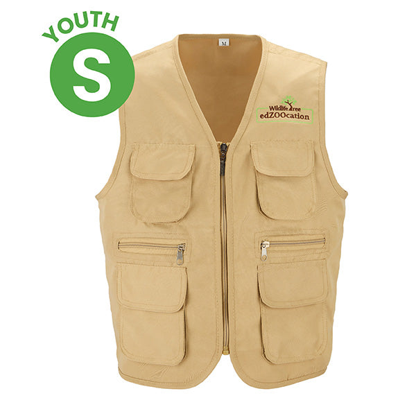 Beige vest with multiple pockets and a logo on a white background