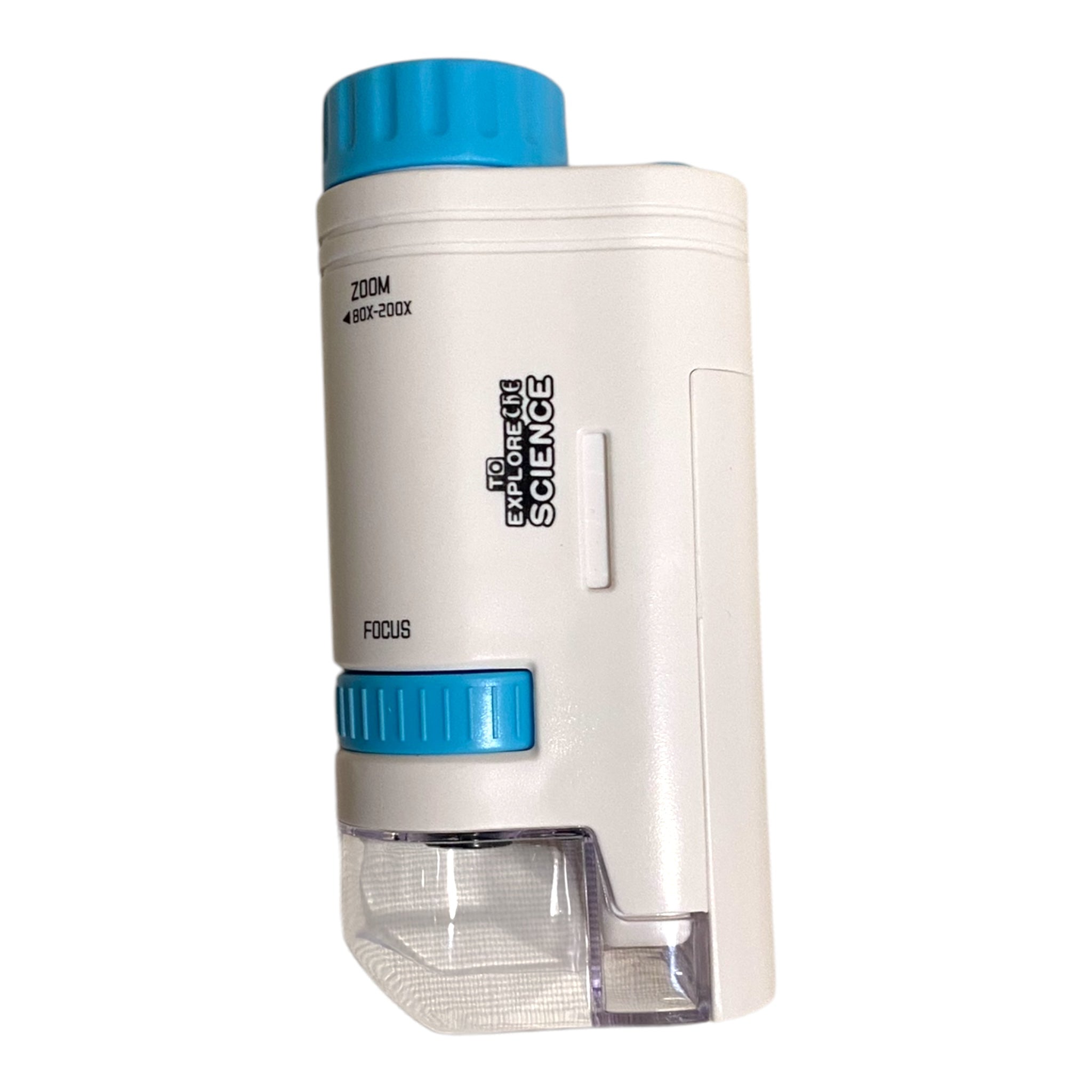A white and blue portable kids' microscope with a 200x zoom label and a clear plastic window.