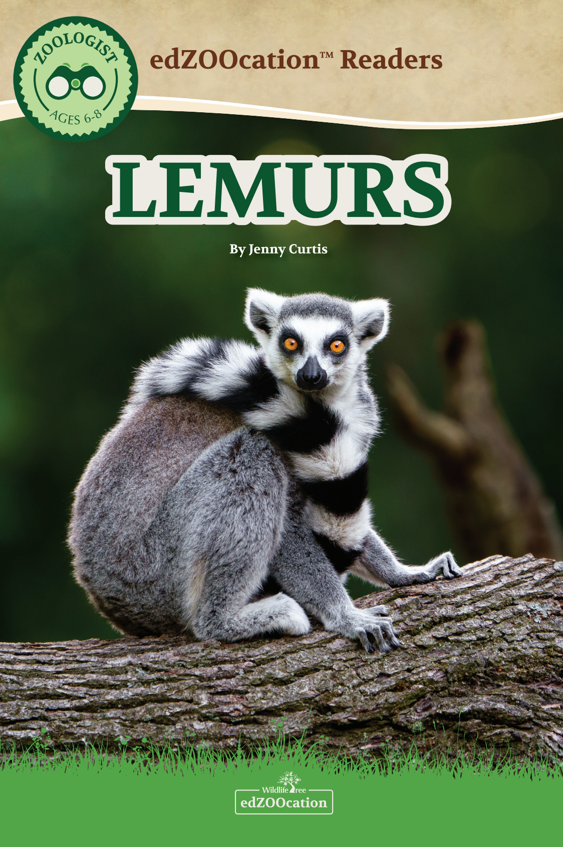 Cover of the book 'Lemurs' by edZOOcation Readers, featuring a gray lemur sitting on a tree branch with a green and brown background.