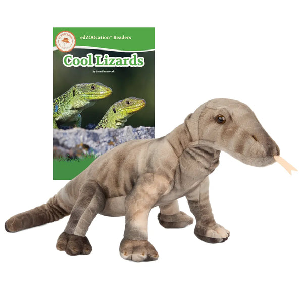 Plush lizard toy next to a book titled 'Cool Lizards' on a white background