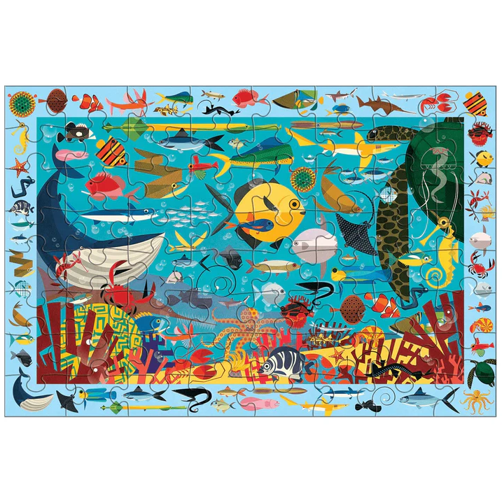Colorful underwater scene puzzle with various sea creatures on a blue background