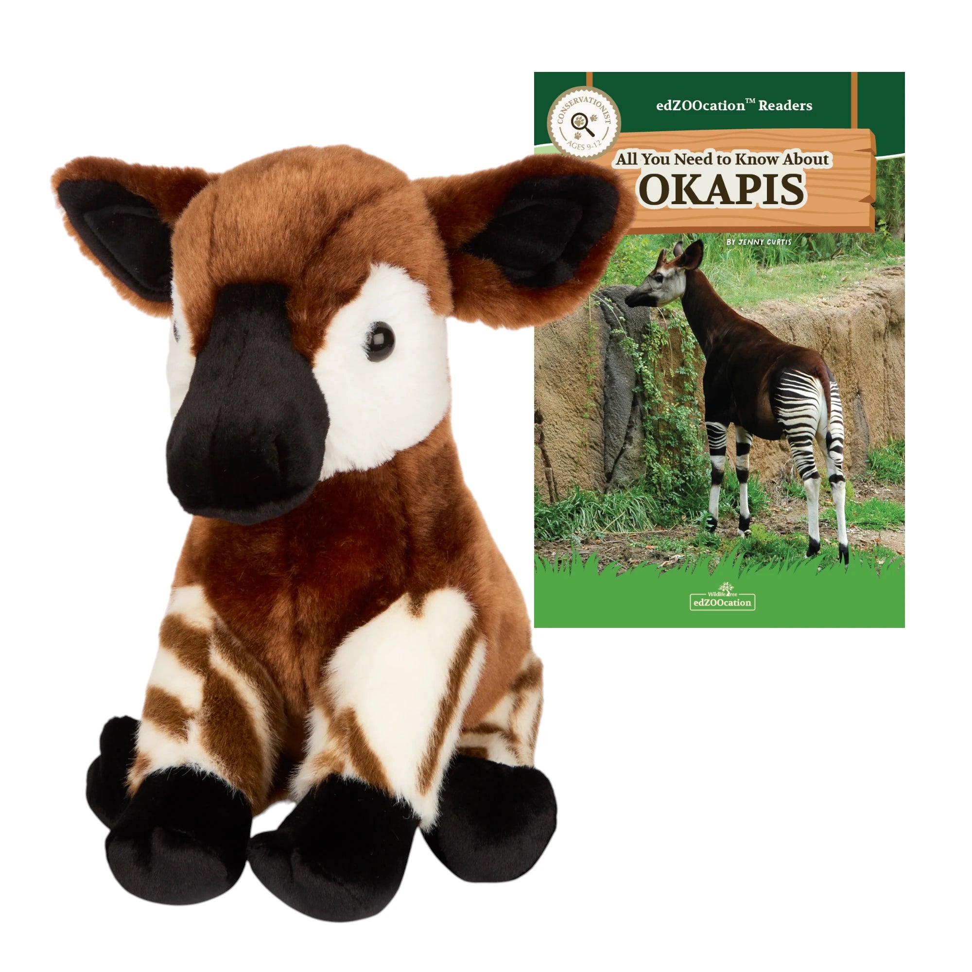 Plush okapi toy with a book titled 'All You Need to Know About Okapis' on a white background