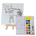 Artistic drawing of a okapi on paper with a watercolor set and small easel.