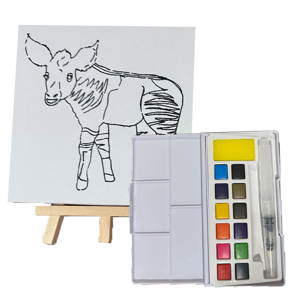 Artistic drawing of a okapi on paper with a watercolor set and small easel.