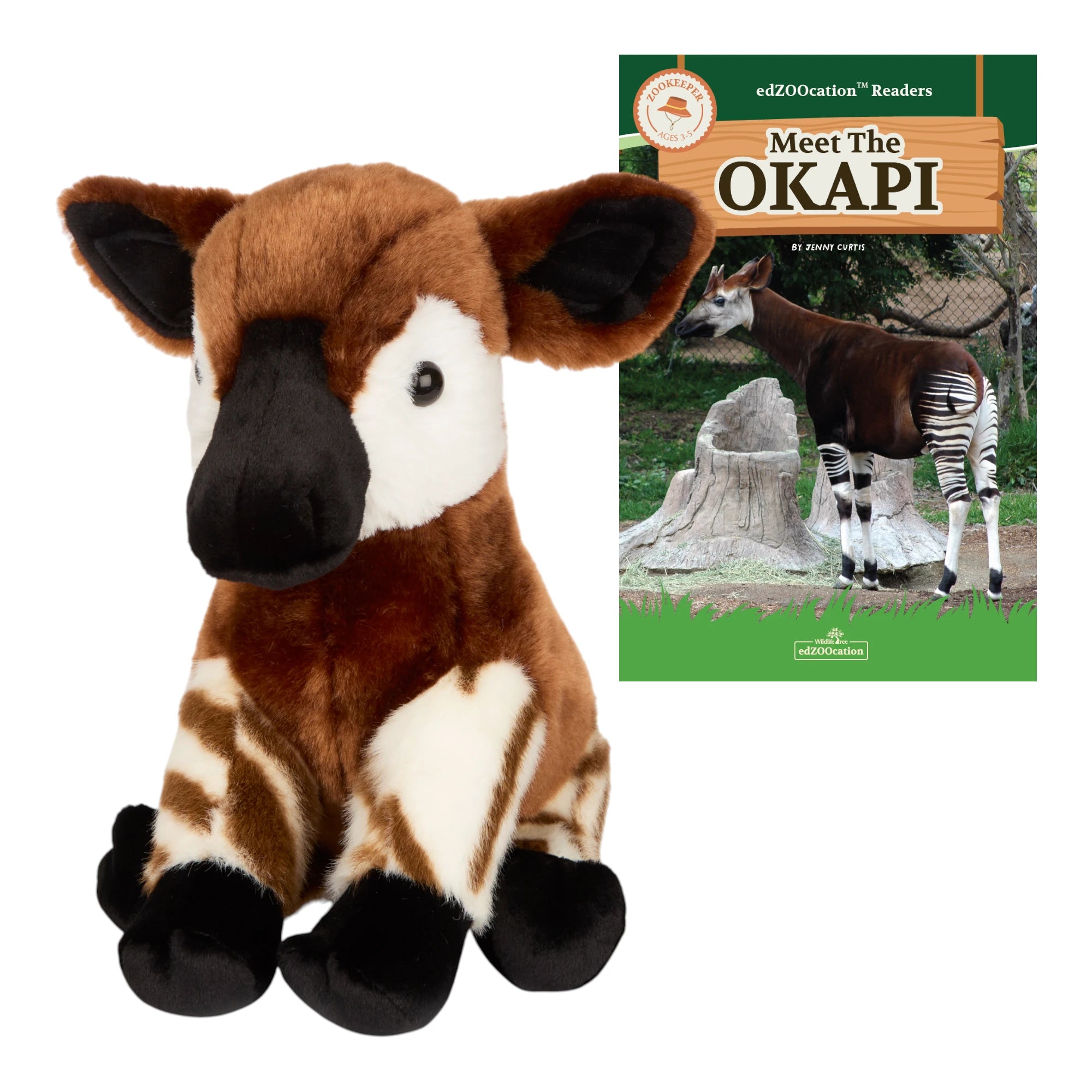 Plush okapi toy with a book titled 'Meet the Okapi' on a white background