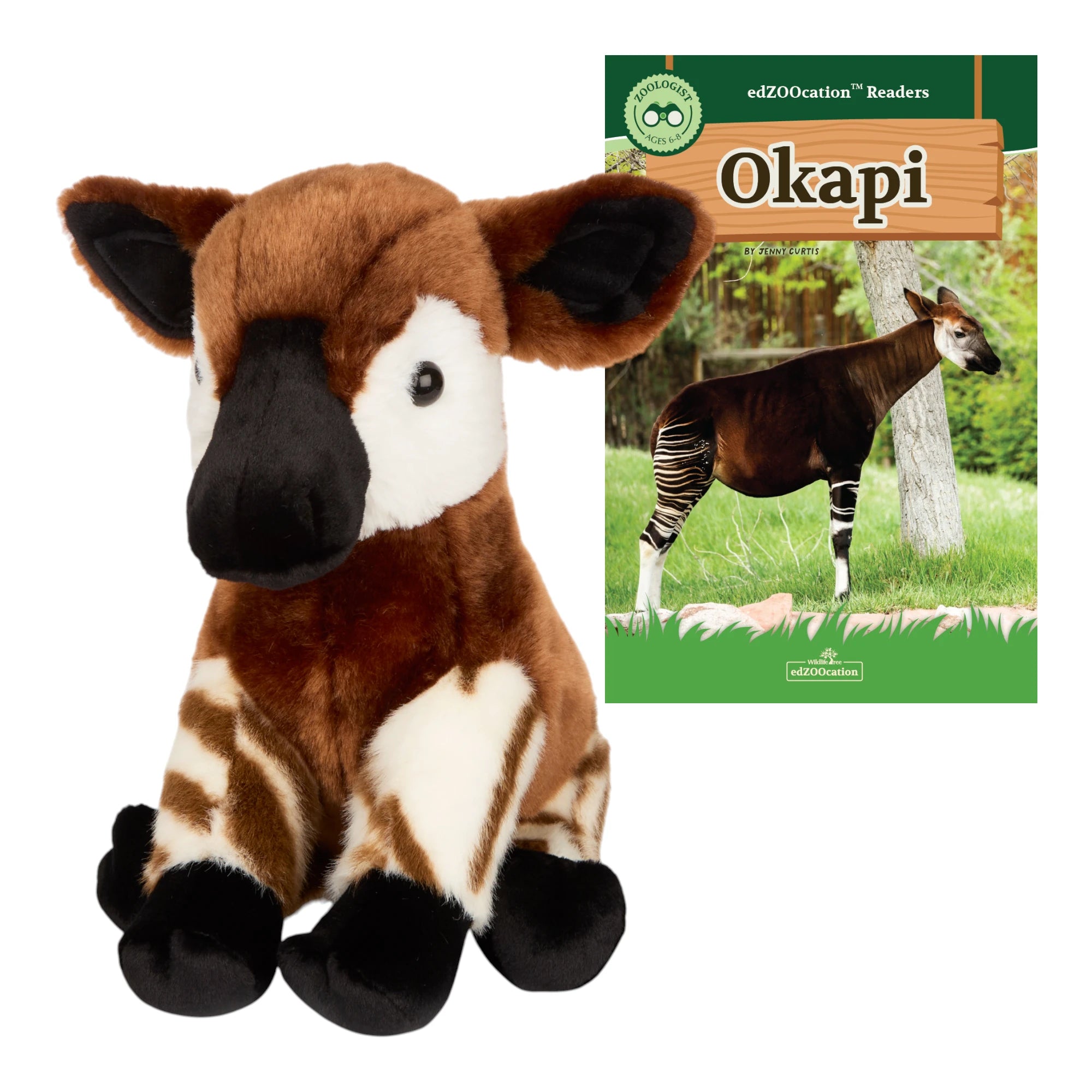 Plush okapi toy with a book about okapis on a white background