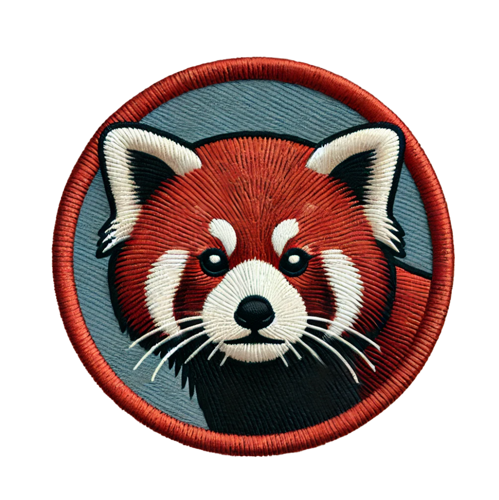 A circular patch featuring a red and white colored image of a red panda.