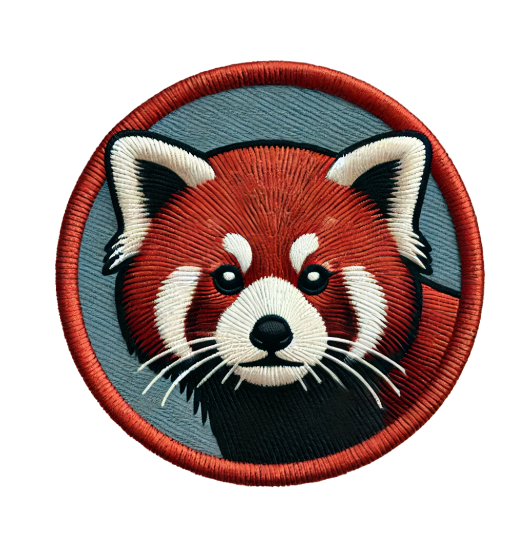 A circular patch featuring a red and white colored image of a red panda.