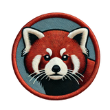 A circular patch featuring a red and white colored image of a red panda.