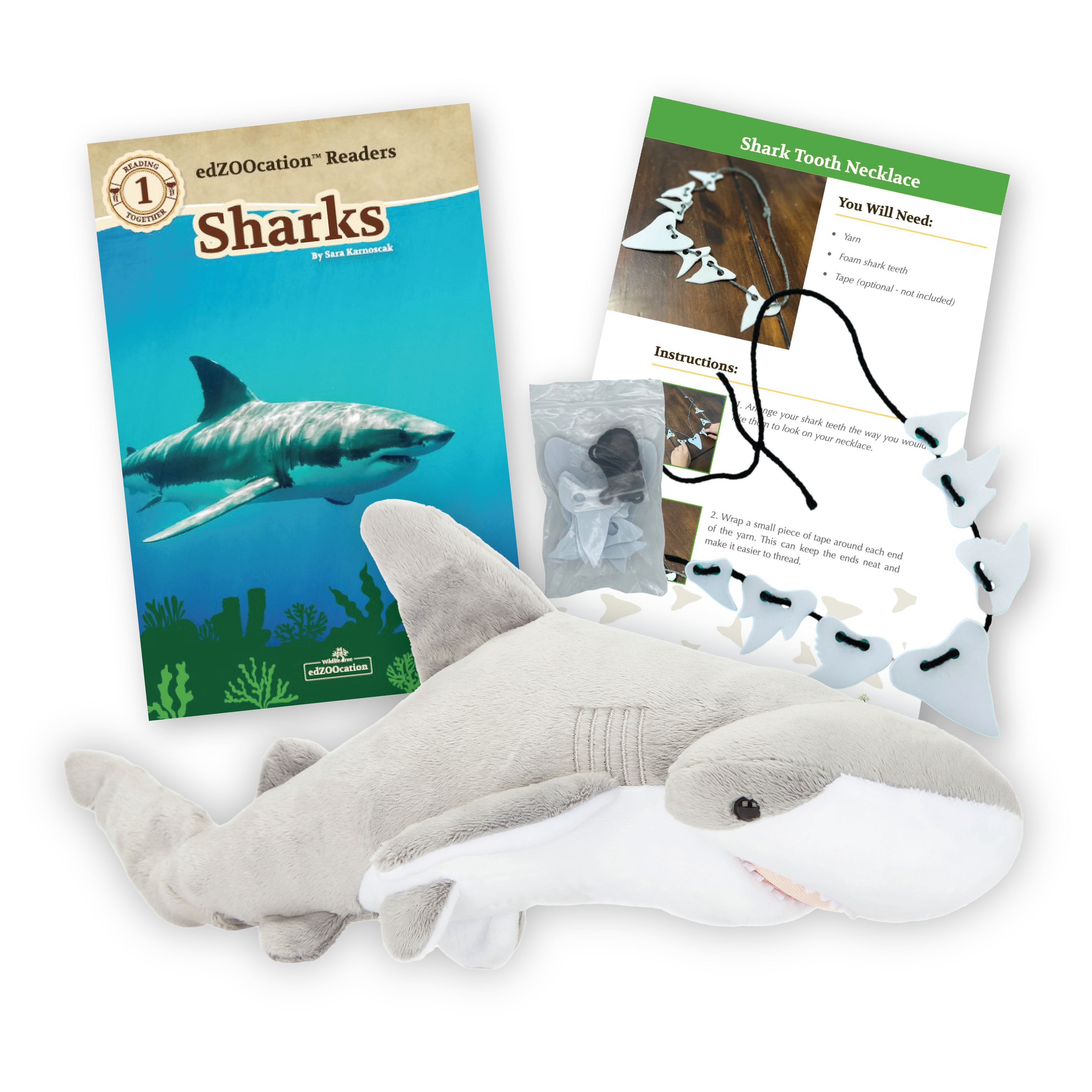 A plush shark toy, a book titled 'Sharks' for readers, and a DIY foam shark tooth necklace kit.