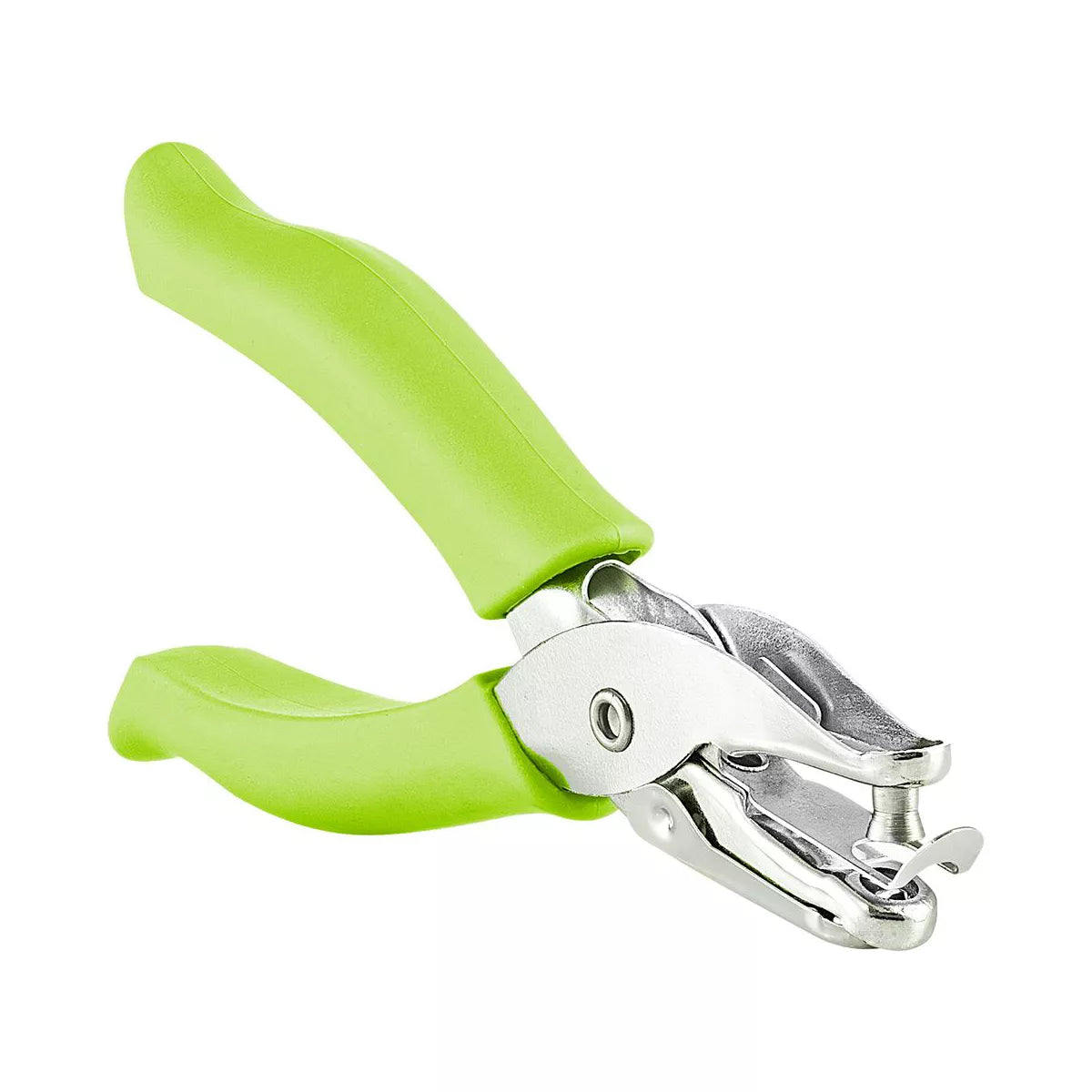 Green-handled hole puncher on a white background