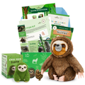 Sloth-themed educational kit with plush toy, books, and chia seed product on a white background